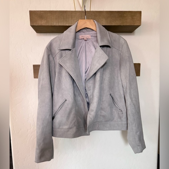 Philosophy|Light Gray Vegan Suede Leather Moto Jacket•size XL,fall winter style - Picture 2 of 12
